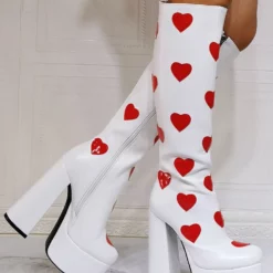 Women Boots Heat Pattern Plus Size Platform Round Toe Chunky Heel White Knee High Boots -UK Winter Shoes Sales 2023 202110111346345723048