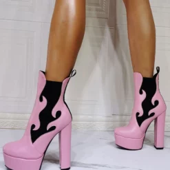 Women Booties Geometric Round Toe Platform Chunky Heel PU Leather High Tops Pink Ankle Boots -UK Winter Shoes Sales 2023 202110111346423812698