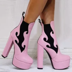 Women Booties Geometric Round Toe Platform Chunky Heel PU Leather High Tops Pink Ankle Boots -UK Winter Shoes Sales 2023 202110111346426988700