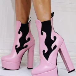 Women Booties Geometric Round Toe Platform Chunky Heel PU Leather High Tops Pink Ankle Boots