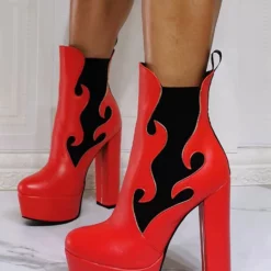 Women Booties Geometric Round Toe Platform Chunky Heel PU Leather High Tops Pink Ankle Boots -UK Winter Shoes Sales 2023 202110111346443038301