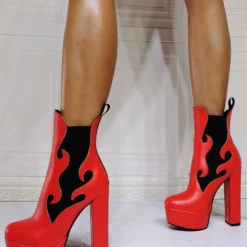 Women Booties Geometric Round Toe Platform Chunky Heel PU Leather High Tops Pink Ankle Boots -UK Winter Shoes Sales 2023 202110111346453533040