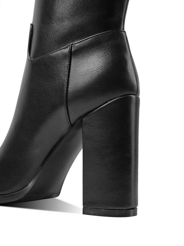 Women Boots Chunky Heel PU Leather Black Knee High Boots 5 Women Boots Chunky Heel PU Leather Black Knee High Boots - Image 3