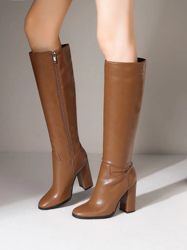 Women Boots Chunky Heel PU Leather Black Knee High Boots 8 Women Boots Chunky Heel PU Leather Black Knee High Boots - Image 6