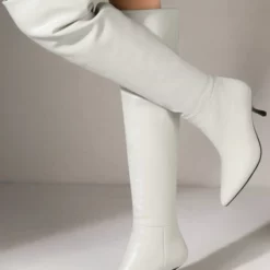 Women Over The Knee Boots Stiletto Heel Pointed Toe PU Leather Eric White Thigh High Boots