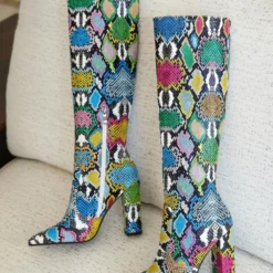 Women Boots Pointed Toe Chunky Heel PU Leather Green Knee High Boots -UK Winter Shoes Sales 2023 202110161543302761372