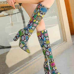 Women Boots Pointed Toe Chunky Heel PU Leather Green Knee High Boots -UK Winter Shoes Sales 2023 202110161543309229147