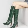 Womens Croc Embossed Chunky Heel Knee High Boots
