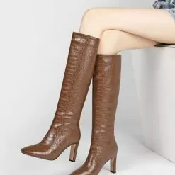Womens Croc Embossed Chunky Heel Knee High Boots -UK Winter Shoes Sales 2023 202110161543332835569