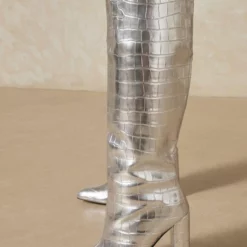 Women Booties Pointed Toe Chunky Heel PU Leather Blond Knee-High Boots -UK Winter Shoes Sales 2023 202110181708030531257