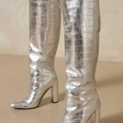 Women Booties Pointed Toe Chunky Heel PU Leather Blond Knee-High Boots -UK Winter Shoes Sales 2023 202110181708033702777