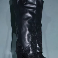 Women Boots Pointed Toe Chunky Heel PU Leather Black Knee-High Boots -UK Winter Shoes Sales 2023 202110181708110434479