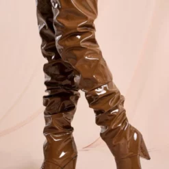 Women Over The Knee Boots Chunky Heel Pointed Toe PU Leather Khaki Thigh High Boots