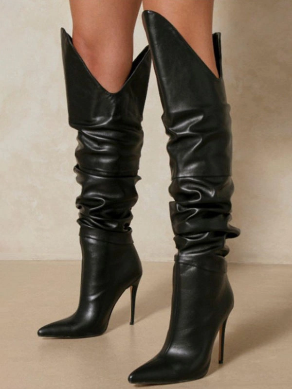 Women Over The Knee Boots Stiletto Heel Pointed Toe PU Leather Thigh High Boots 6 Women Over The Knee Boots Stiletto Heel Pointed Toe PU Leather Thigh High Boots - Image 4