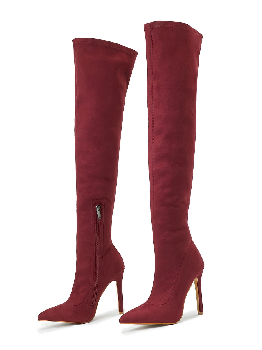 Women Thigh High Boots Stiletto Heel Pointed Toe Micro Suede Upper Burgundy Over The Knee Boots 3 Women Thigh High Boots Stiletto Heel Pointed Toe Micro Suede Upper Burgundy Over The Knee Boots
