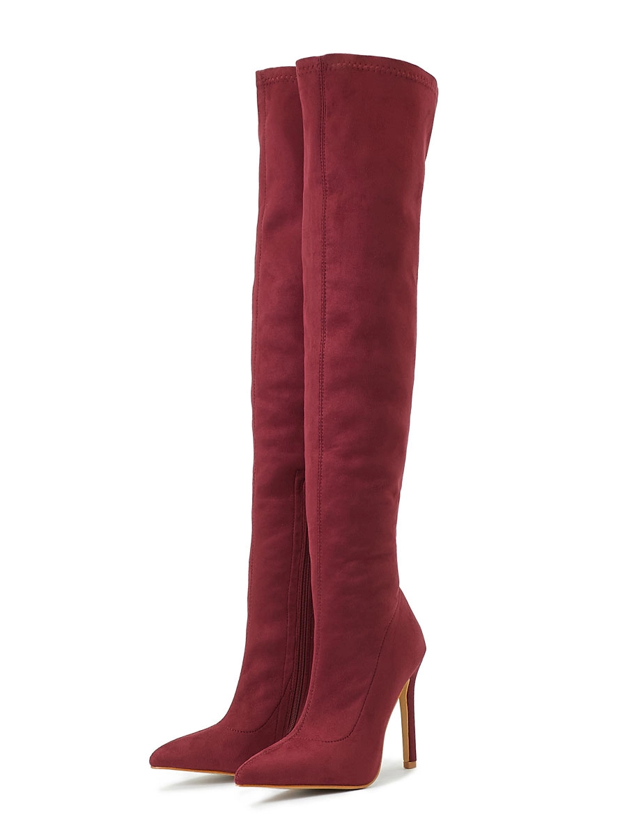 Women Thigh High Boots Stiletto Heel Pointed Toe Micro Suede Upper Burgundy Over The Knee Boots 4 Women Thigh High Boots Stiletto Heel Pointed Toe Micro Suede Upper Burgundy Over The Knee Boots - Image 2