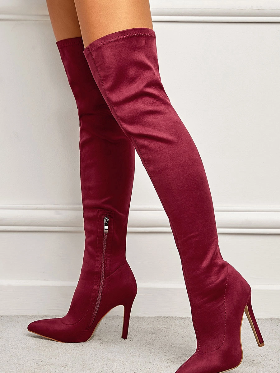 Women Thigh High Boots Stiletto Heel Pointed Toe Micro Suede Upper Burgundy Over The Knee Boots 6 Women Thigh High Boots Stiletto Heel Pointed Toe Micro Suede Upper Burgundy Over The Knee Boots - Image 4