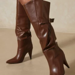 Women Boots Stiletto Heel Pointed Toe PU Leather Chocolate Brown Knee-High Boots -UK Winter Shoes Sales 2023 202112061803530681925