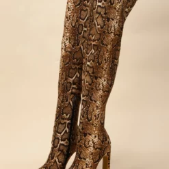 Women Over The Knee Boots Chunky Heel Pointed Toe Snake Print PU Leather Thigh High Boots