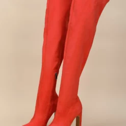 Women Over The Knee Boots Chunky Heel Pointed Toe Micro Suede Upper Orange Red Thigh High Boots