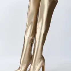 Women Over The Knee Boots Chunky Heel Point Toe PU Leather Blond Thigh High Boots