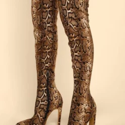 Women Over The Knee Boots Stiletto Heel Pointed Toe Leopard Print Elastic Fabric Thigh High Boots