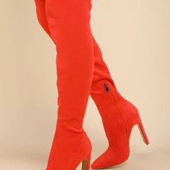 Women Over The Knee Boots Chunky Heel Elastic Fabric Orange Thigh High Boots