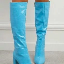 Women Croc Embossed Chunky Heel Knee-High Boots -UK Winter Shoes Sales 2023 202201251159500989741