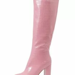 Women Croc Embossed Chunky Heel Knee-High Boots -UK Winter Shoes Sales 2023 202201251159507772008