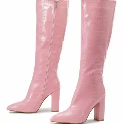 Women Croc Embossed Chunky Heel Knee-High Boots -UK Winter Shoes Sales 2023 20220125115951078964