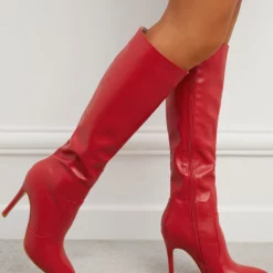 Women Boots Stiletto Heel Pointed Toe PU Leather Red Knee-High Boots -UK Winter Shoes Sales 2023 202201251159541515943