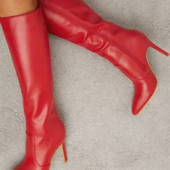 Women Boots Stiletto Heel Pointed Toe PU Leather Red Knee-High Boots -UK Winter Shoes Sales 2023 20220125115954469359