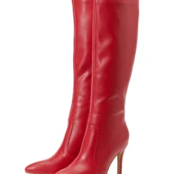 Women Boots Stiletto Heel Pointed Toe PU Leather Red Knee-High Boots