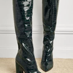 Women Boots Chunky Heel Pointed Toe PU Leather Deep Green Knee High Boots -UK Winter Shoes Sales 2023 202201251201195475245