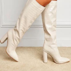 Women Boots Chunky Heel Pointed Toe PU Leather Deep Green Knee High Boots -UK Winter Shoes Sales 2023 202201251201198481958