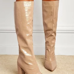 Women Boots Chunky Heel Pointed Toe PU Leather Deep Green Knee High Boots -UK Winter Shoes Sales 2023 202201251201204764275