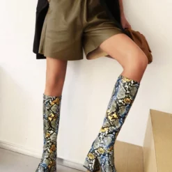 Women's Printed Platform Block Heel Knee-High Boots Square Toe