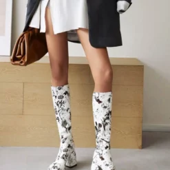 Women's Flower Print Block Heel Platform Knee High Boots -UK Winter Shoes Sales 2023 202202231404303847591
