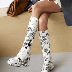 Women's Flower Print Block Heel Platform Knee High Boots -UK Winter Shoes Sales 2023 20220223140430708422