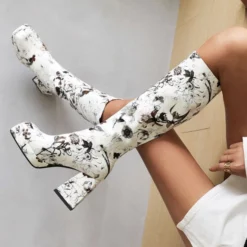 Women's Flower Print Block Heel Platform Knee High Boots -UK Winter Shoes Sales 2023 202202231404310366070