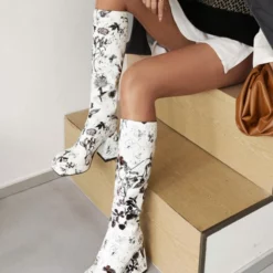 Women's Flower Print Block Heel Platform Knee High Boots -UK Winter Shoes Sales 2023 202202231404318365977