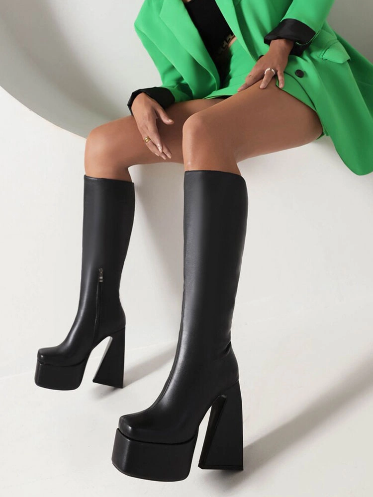 Women's Knee High Boots White Platform Square Toe PU Leather Chunky Heel Knee Boots 6 Women's Knee High Boots White Platform Square Toe PU Leather Chunky Heel Knee Boots - Image 4