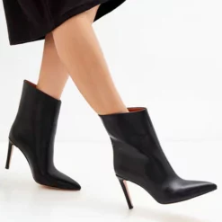High Heel Booties Black PU Leather Pointed Toe Ankle Boots
