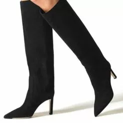 Women's Knee High Boots Black Stiletto Heel Wide Calf Boots