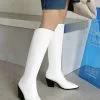 Women's Knee High Boots White Pointed Toe Chunky Heel Western Boots -UK Winter Shoes Sales 2023 202208031755393259075