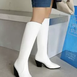 Women's Knee High Boots White Pointed Toe Chunky Heel Western Boots