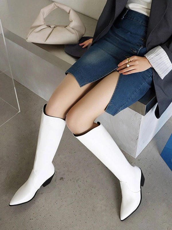 Women's Knee High Boots White Pointed Toe Chunky Heel Western Boots 6 Women's Knee High Boots White Pointed Toe Chunky Heel Western Boots - Image 4
