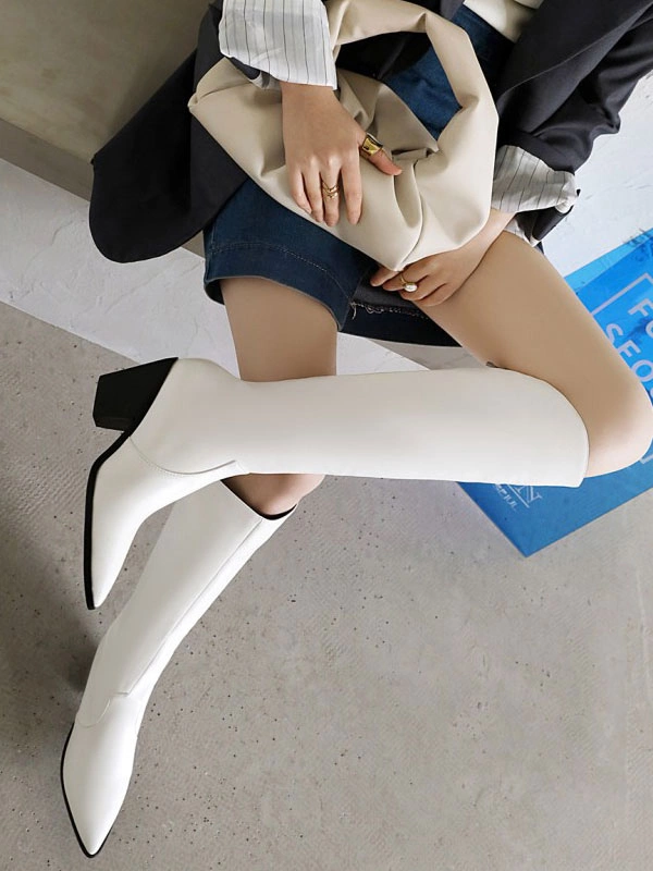 Women's Knee High Boots White Pointed Toe Chunky Heel Western Boots 5 Women's Knee High Boots White Pointed Toe Chunky Heel Western Boots - Image 3
