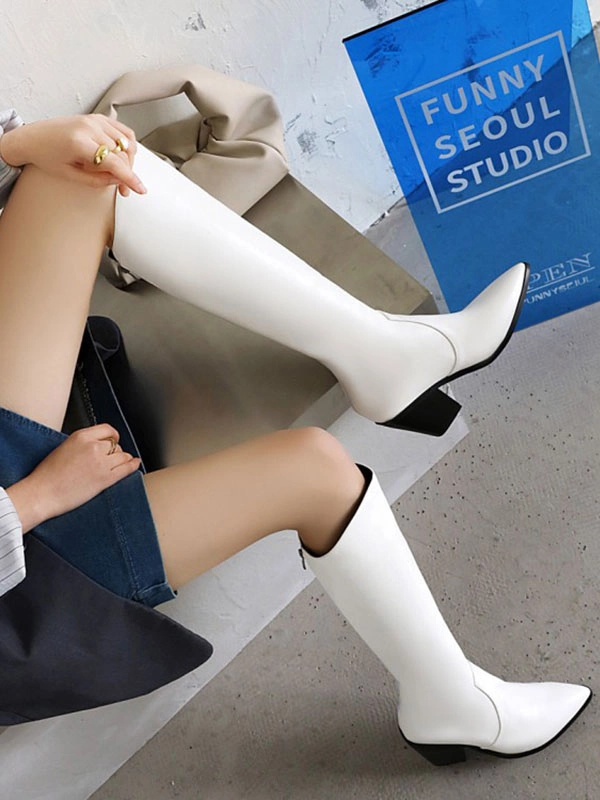 Women's Knee High Boots White Pointed Toe Chunky Heel Western Boots 4 Women's Knee High Boots White Pointed Toe Chunky Heel Western Boots - Image 2