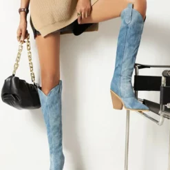 Women 's Western Boots Canvas Chunky Heel Knee-High Boots -UK Winter Shoes Sales 2023 202208031755544731486